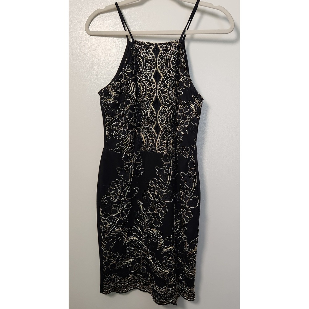 Parisian Tall Women's 8 Black Gold Metallic Peek A Boo Front Mini Dress Strappy